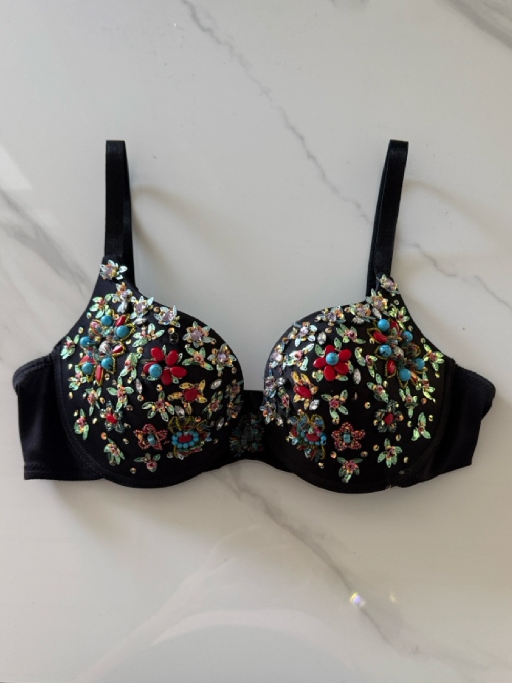 Marciano Black Bra with Multicolor Floral Embellishments